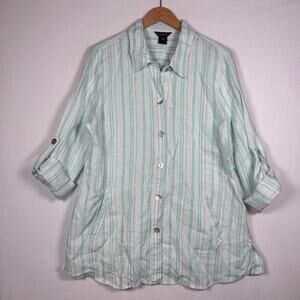 Multiples Linen Button Up Shirt Green Striped Pearl Buttons Lagenlook Roll Tab L